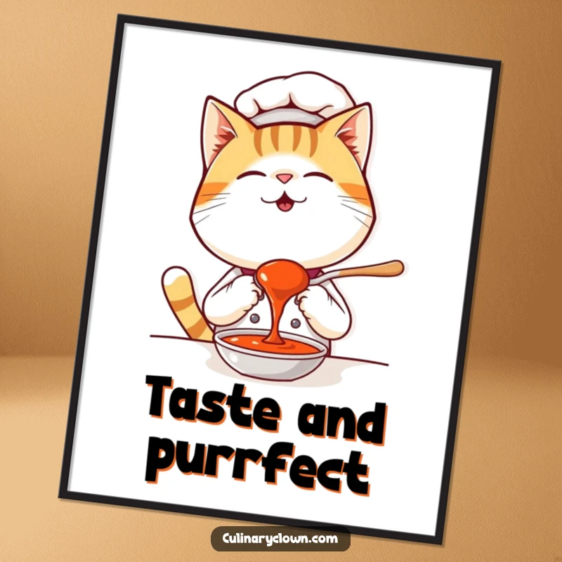 Funny Kawaii Cat Chef Digital Art Print: A downloadable image of a giggling cat chef tasting sauce, bringing culinary fun.