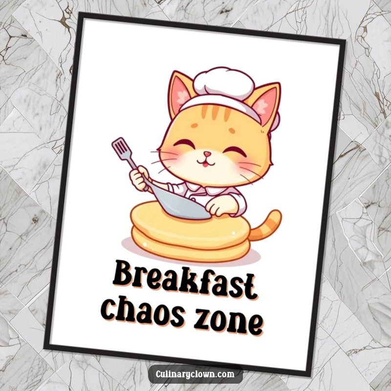 Funny kawaii cat chef in a chef hat hilariously attempting to flip a huge pancake, ready for digital download and printing.