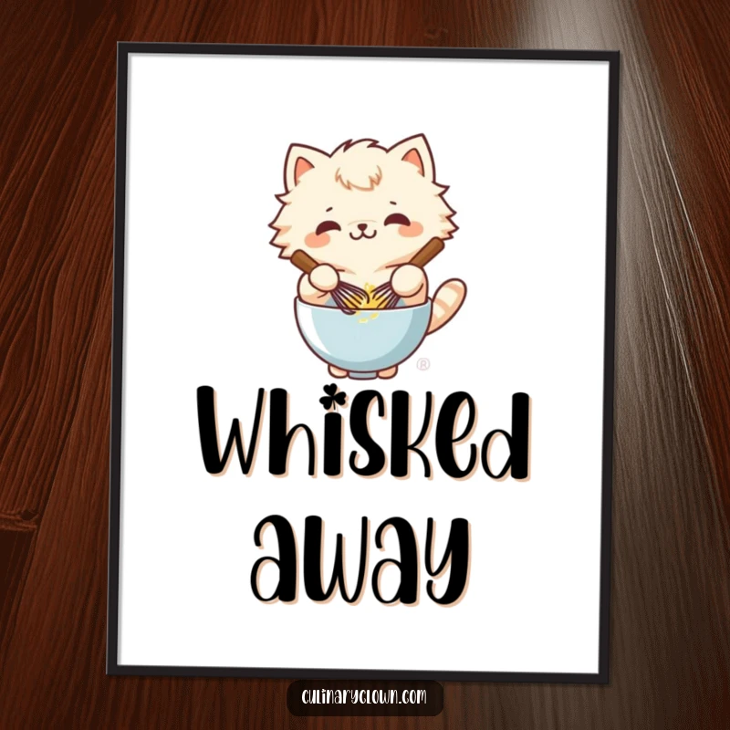 Funny kawaii cat character whisking batter in a bowl, available as a downloadable digital art print.