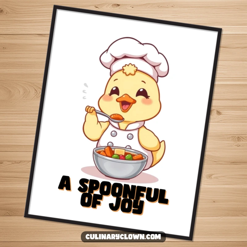 Funny Kawaii Duck Chef Digital Art Print: A cute duck chef is joyfully tasting a spoonful of stew, ready to be printed and displayed.