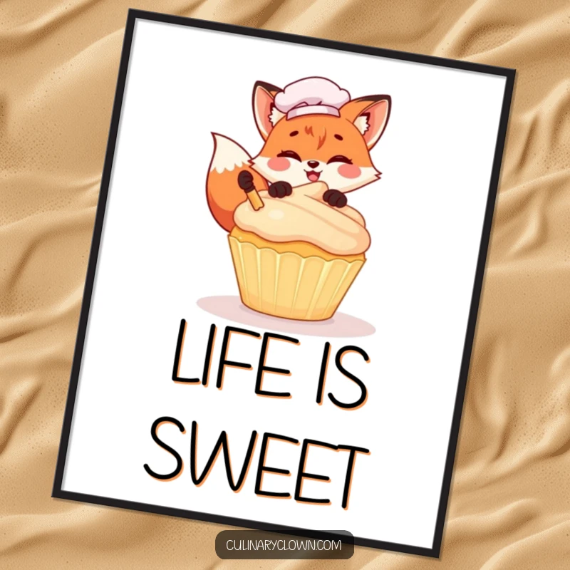 Funny Kawaii Fox Chef Digital Art Print: High-resolution printable of a cute cartoon fox chef gleefully frosting a giant cupcake, ideal for wall decor.