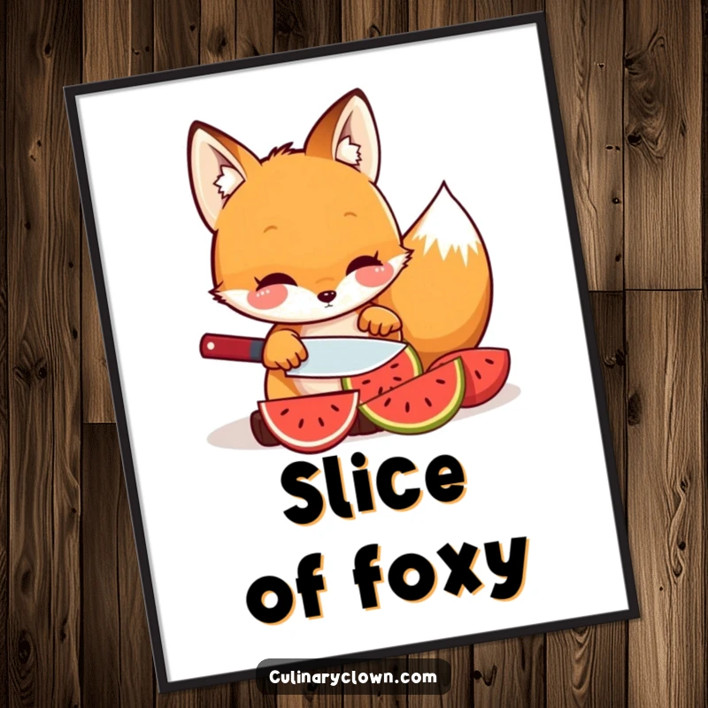 Funny kawaii fox character carefully slicing fruit, available as a downloadable digital art print.