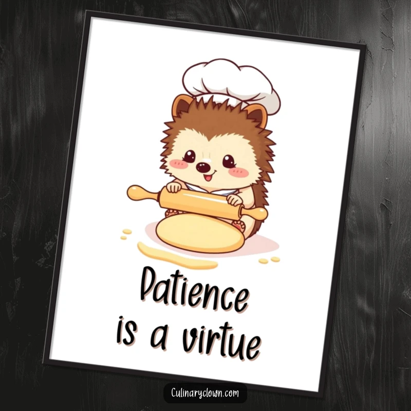 Funny Kawaii Hedgehog Chef Digital Art Print: A cute hedgehog chef is using a tiny rolling pin on dough, ready to be printed and displayed.