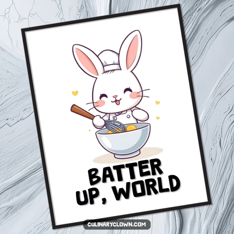 Funny Kawaii Rabbit Chef Digital Art Print: High-resolution printable featuring a cute cartoon rabbit chef whisking ingredients, perfect for instant wall decor.