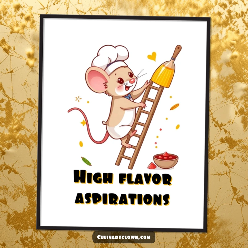 Funny mouse chef digital art print of a brave character climbing for spices, ideal for instant adventurous decor.