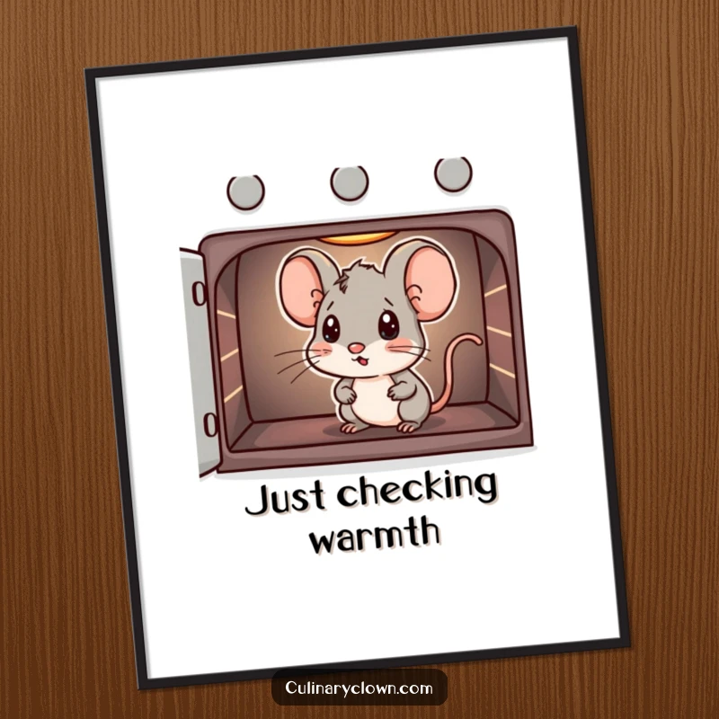 Funny digital art of a small mouse character curiously peeking into an oven, anticipating delicious baked goods.