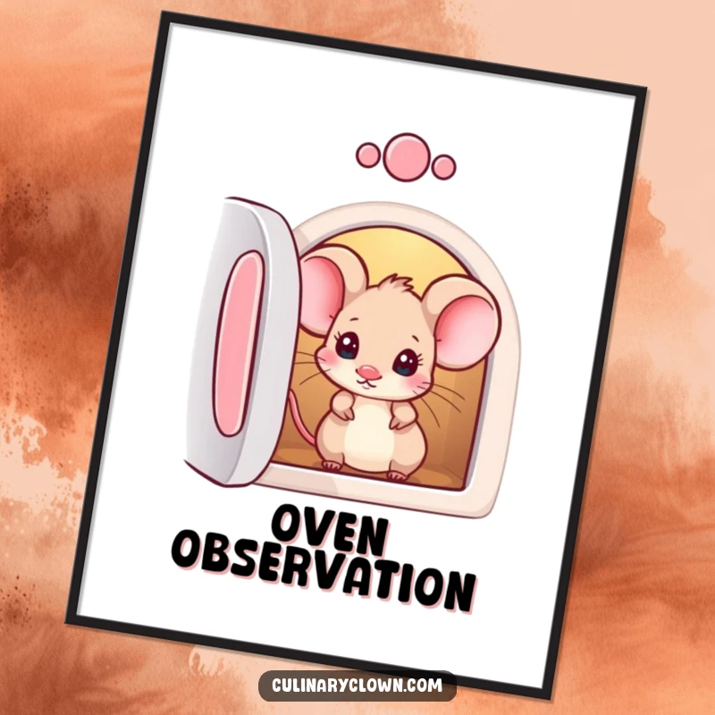 Funny digital art print of a curious mouse character peeking into an oven, perfect for whimsical kitchen decor.