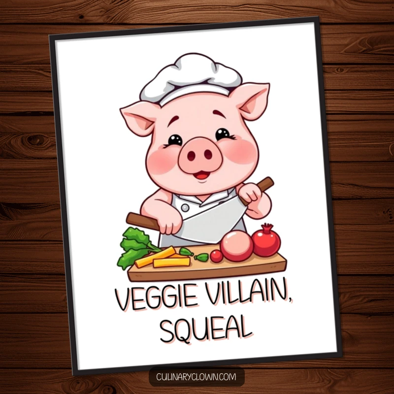 Funny Pig Chef Digital Art: A smiling pig chef is shown intensely chopping vegetables, ideal for instant wall decor.