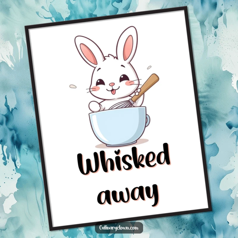 Funny digital art print showing a smiling rabbit character whisking batter with a giant spoon, perfect for kitchen decor.