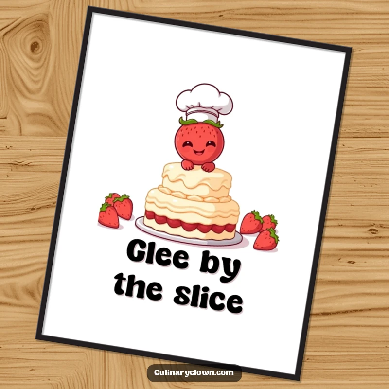 Funny Digital Art Print of a giggling strawberry chef character frosting a cake, offering instant whimsical baking decor.
