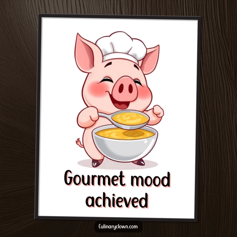 Funny digital art print of a happy pig chef character gleefully tasting a giant spoonful of soup, perfect for kitchen decor.
