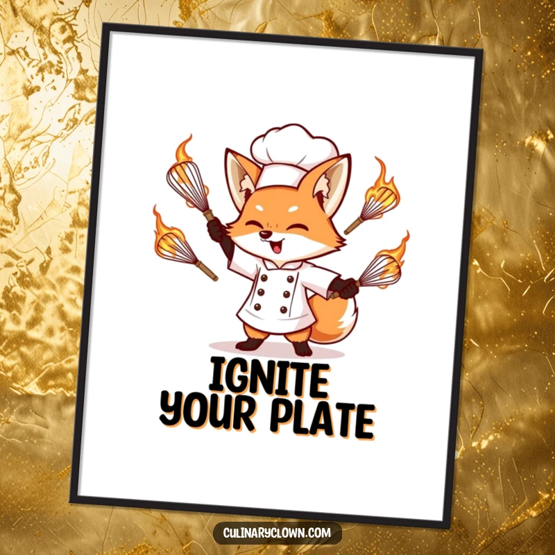 Funny digital art print of a determined fox chef masterfully juggling flaming whisks, ready for instant download and display.