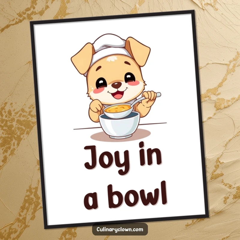 Funny digital art print of a gleeful puppy chef with a happy expression, tasting soup, ready for instant download.