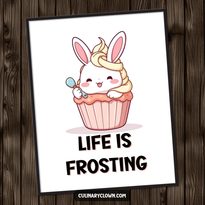 Funny kawaii bunny character happily frosting a cupcake, available as a downloadable digital art print.