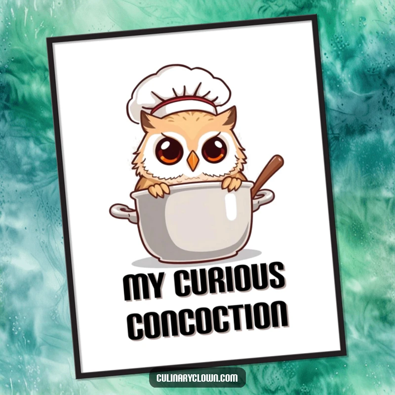 Funny owl chef peeking into a steaming pot, humorous digital art print, perfect for adding whimsical decor.