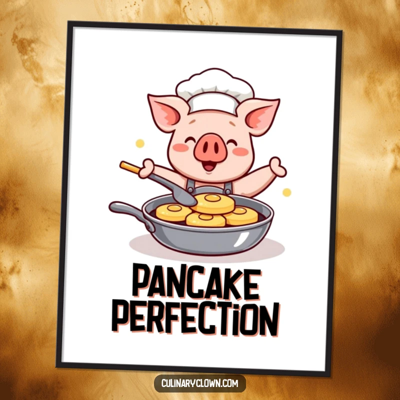 Funny Kawaii Pig Chef Digital Art Print: High-resolution printable of a cute cartoon pig chef happily flipping pancakes, ideal for wall decor.