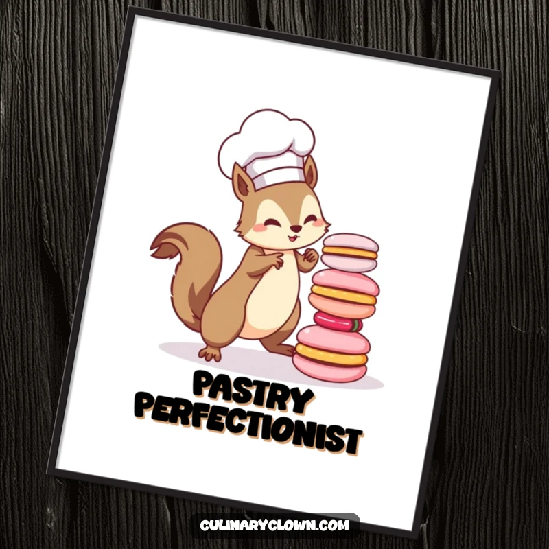 Funny kawaii squirrel chef character with a chef hat, balancing a stack of colorful macarons, as a digital art print.
