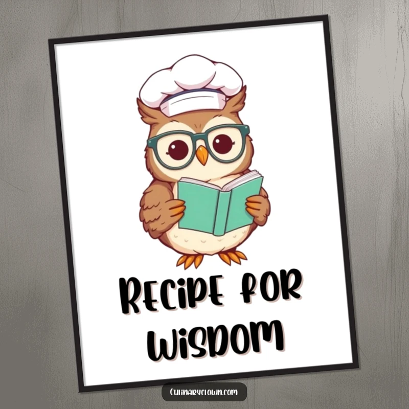 Funny digital art print of a smiling chef owl wearing glasses and reading a recipe, perfect for adding wise and humorous wall decor.