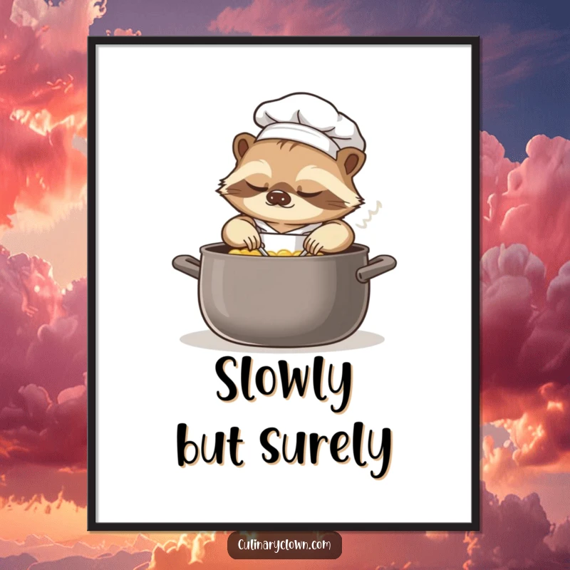 Funny sloth chef digital art print of a drowsy sloth in a chef's outfit, slowly stirring a large, steaming pot.