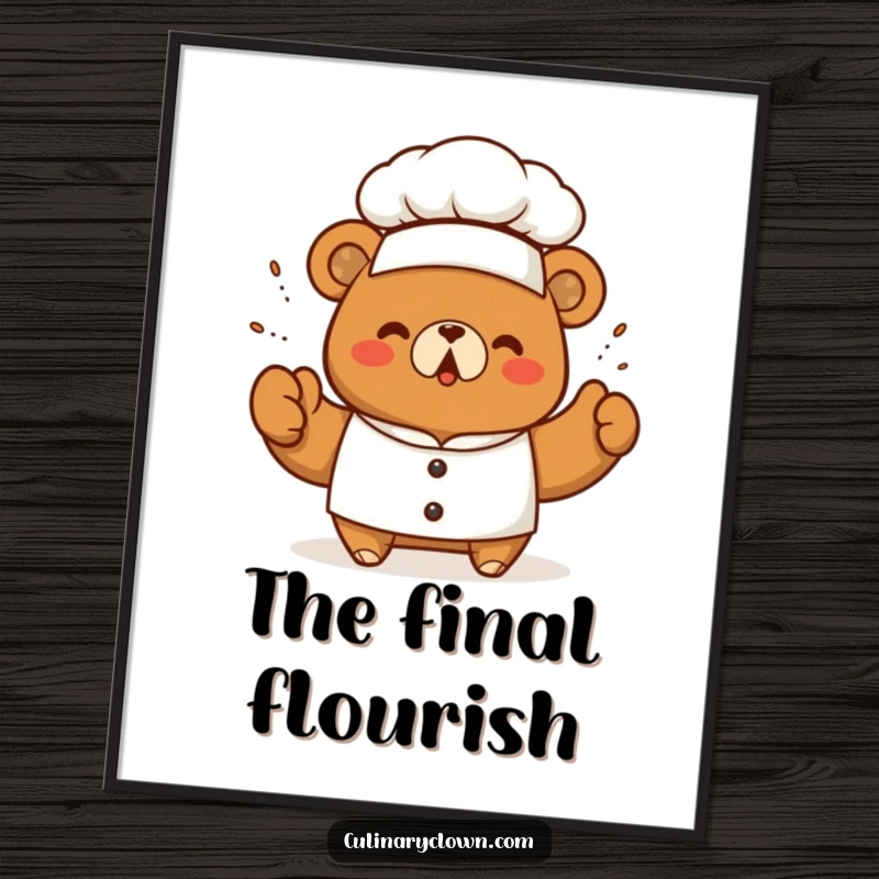 Funny kawaii bear chef triumphantly sprinkling seasoning, available as a downloadable digital art print for instant gourmet decor.