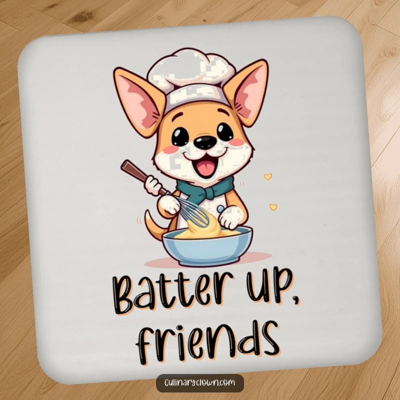 Funny Dog Chef Drink Coaster: A dog with floppy ears whisking batter, protecting tables with humor.