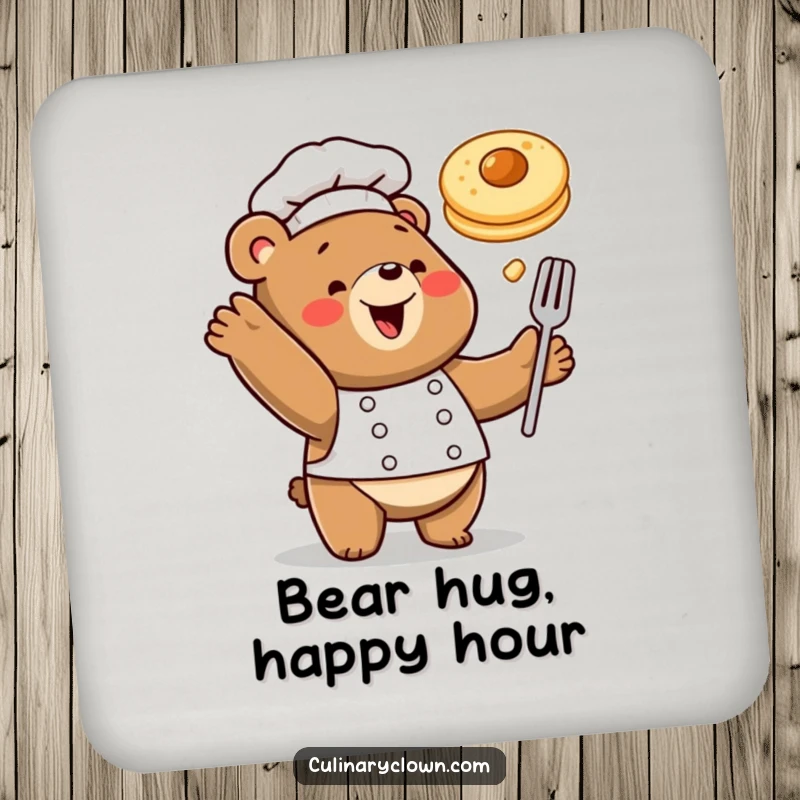 Funny coaster featuring a happy bear chef playfully tossing a pancake, protecting surfaces with breakfast flair.