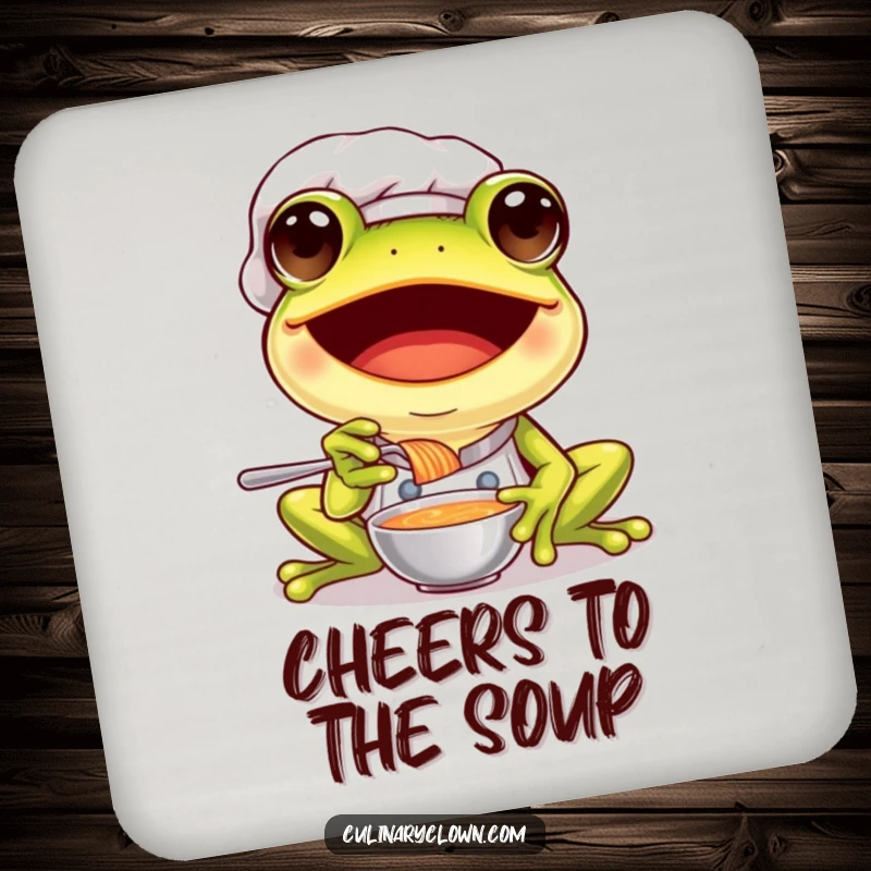 Funny frog chef drink coaster featuring a joyful frog in a chef's hat, enthusiastically tasting a spoonful of soup.