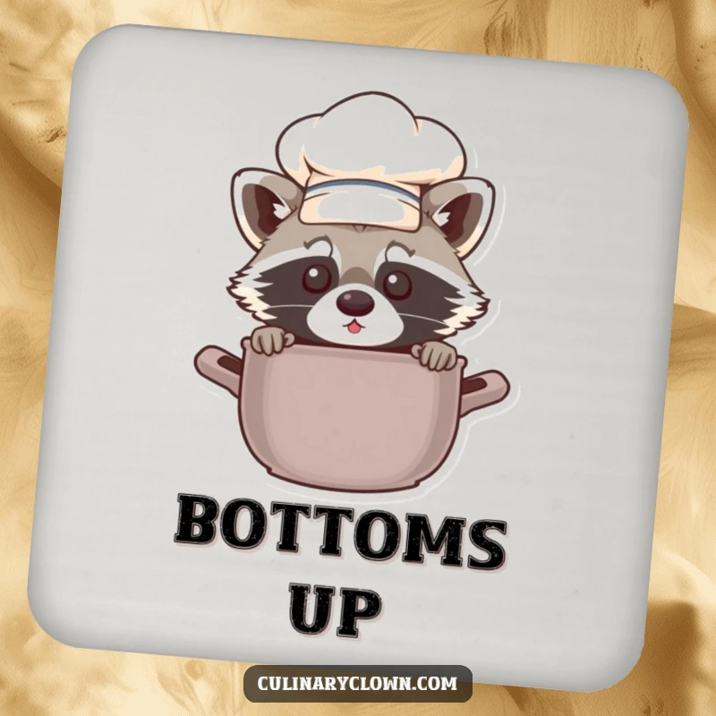Funny chef raccoon peeking from a drink coaster, a humorous and practical addition to any table.