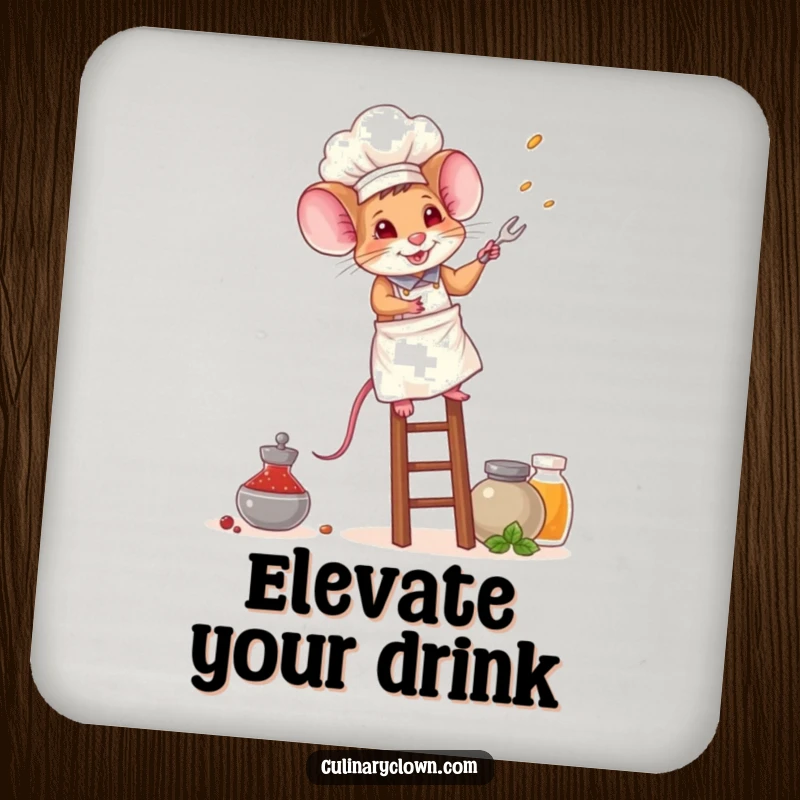 Funny mouse chef drink coaster featuring a brave mouse in a chef's hat, climbing a ladder to reach spice jars.