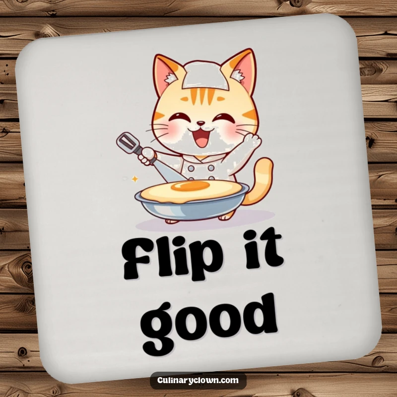 Funny smiling cat chef character attempting a giant pancake flip, on a protective drink coaster, ideal funny gift.