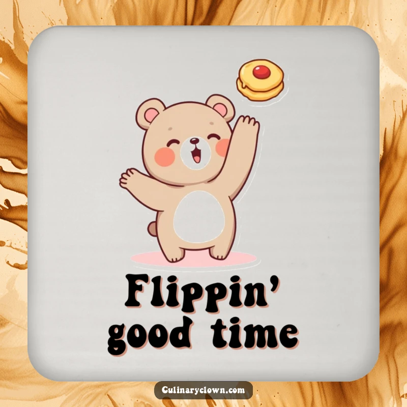 Funny drink coaster with a cute bear character mid-flip with a pancake, adding humor to beverage service.