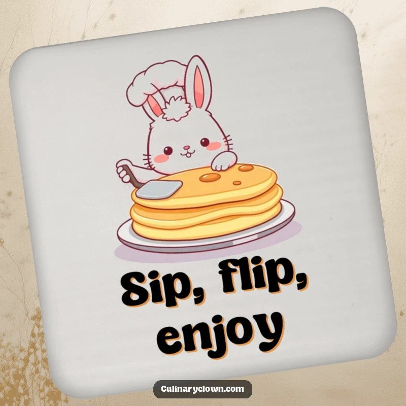 Funny drink coaster showing a fluffy bunny chef proudly flipping a giant pancake, protecting surfaces humorously.