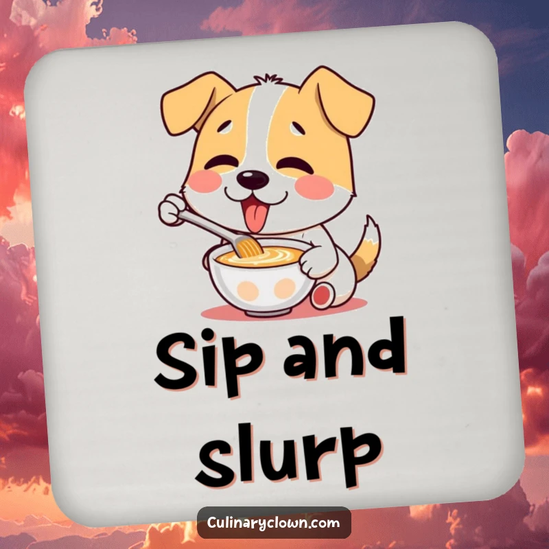 Funny drink coasters featuring a delighted dog character enjoying soup, adding a humorous touch to any table.
