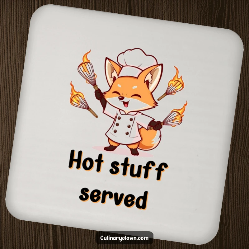 Funny drink coaster featuring a determined fox chef juggling flaming whisks, offering protection and a burst of humor.