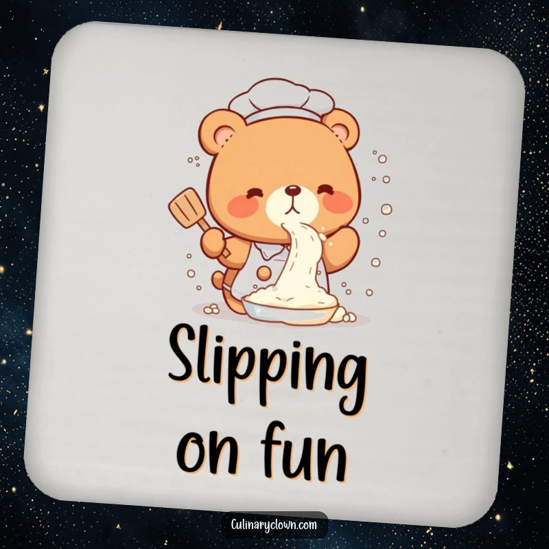Funny Drink Coaster featuring a cute kawaii bear chef in a comical flour spray, adding a touch of kitchen whimsy.