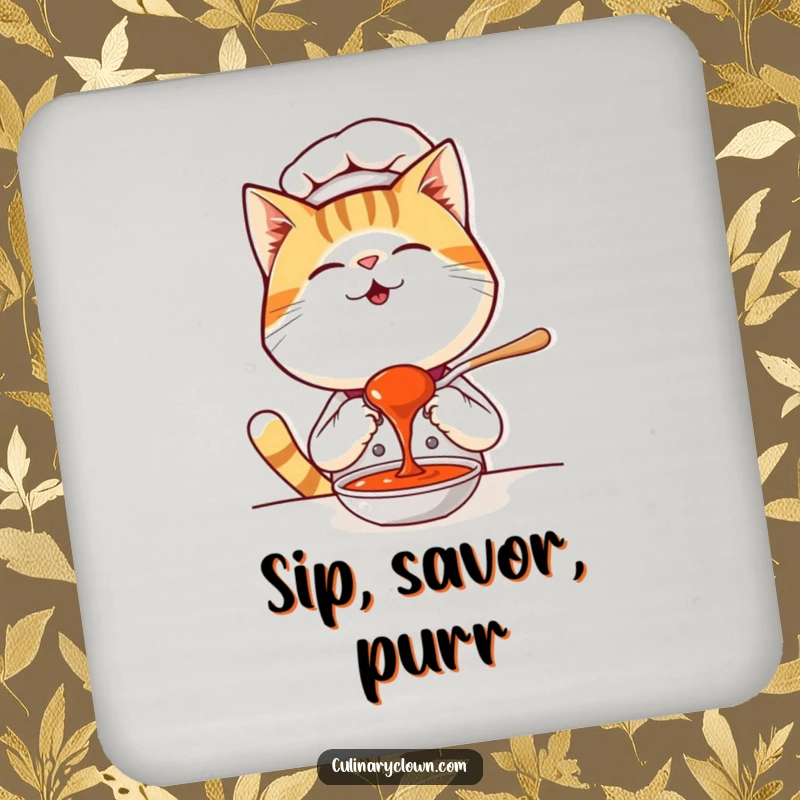 Funny Kawaii Cat Chef Coaster: A giggling cat chef tasting sauce on a coaster, adding charm and protection.
