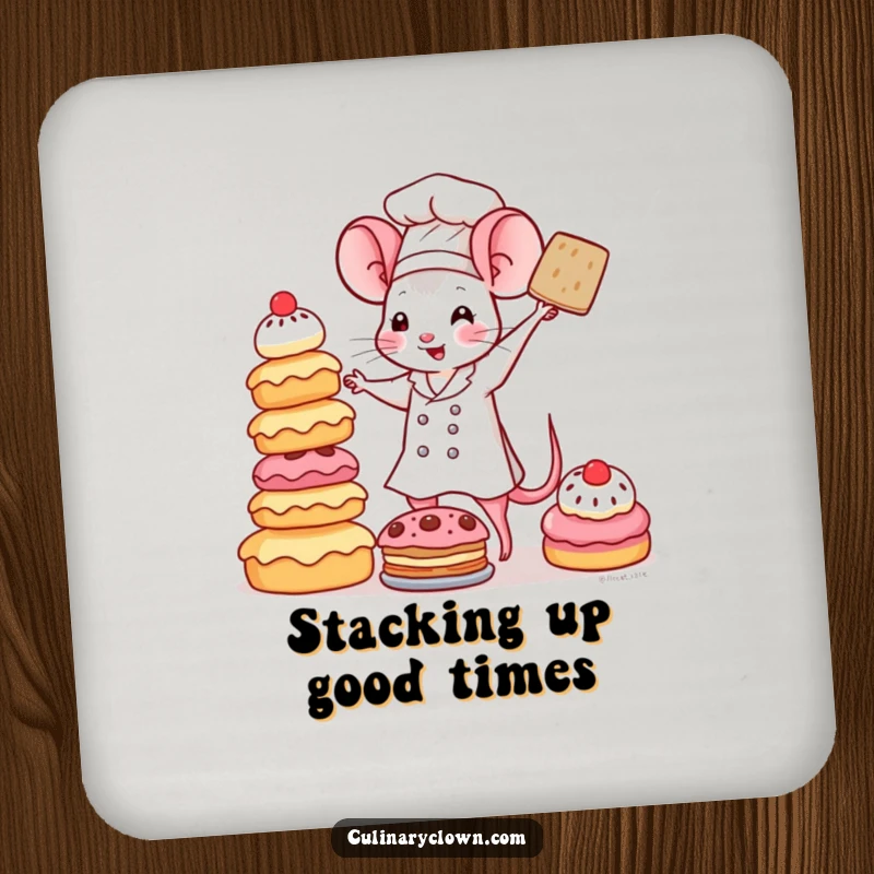 Funny Kawaii Mouse Chef Coaster: A cute mouse chef is balancing a precarious tower of pastries, serving as a charming drink coaster.