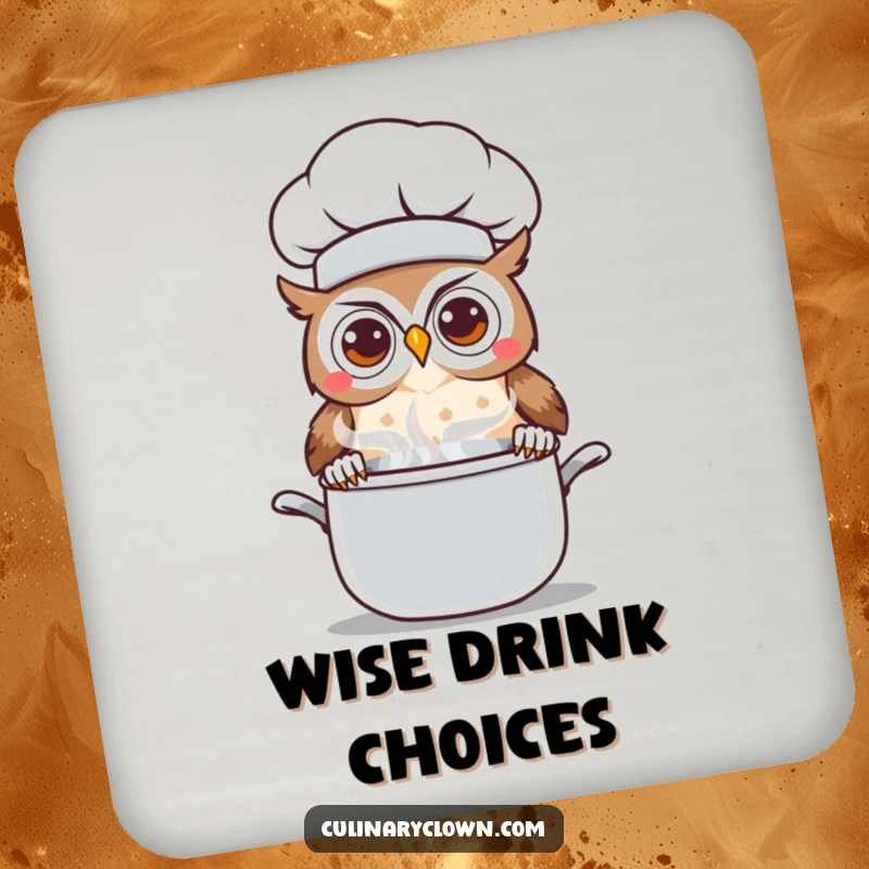 Funny Kawaii Owl Chef Drink Coaster: Protective coaster featuring a cute cartoon owl chef peeking curiously over a steaming pot, adding kitchen charm.