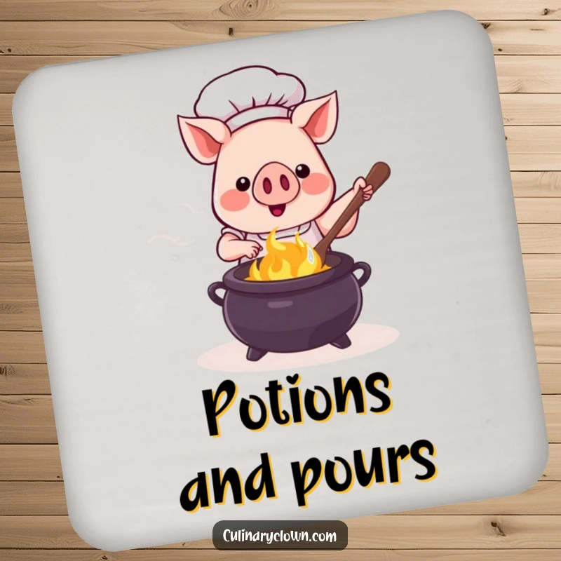 Funny kawaii pig chef stirring a bubbling cauldron with a ladle, printed on a protective and magical drink coaster.