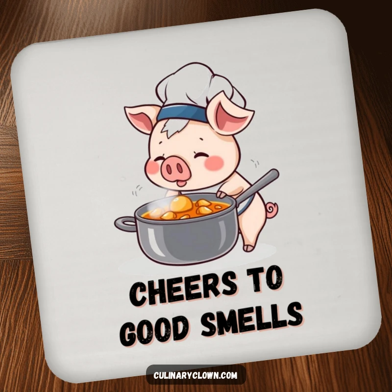 Funny Kawaii Pig Chef Drink Coaster: Cute pig chef sniffing stew, protecting surfaces with charm.