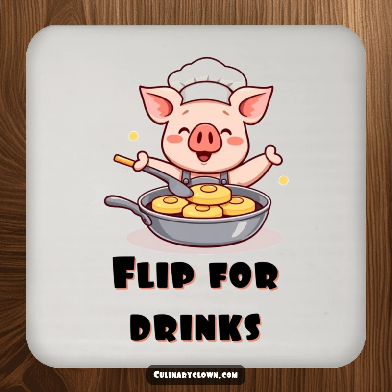 Funny Kawaii Pig Chef Drink Coaster: Protective coaster featuring a cute cartoon pig chef happily flipping pancakes, adding kitchen cheer.