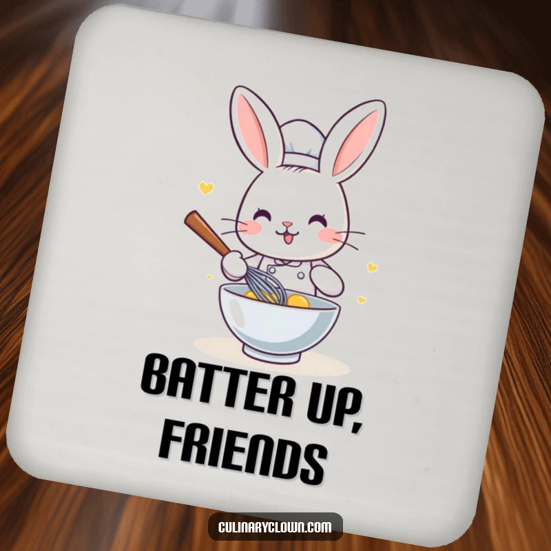 Funny Kawaii Rabbit Chef Drink Coaster: Protective coaster featuring a cute cartoon rabbit chef whisking ingredients, adding kitchen charm to your table.
