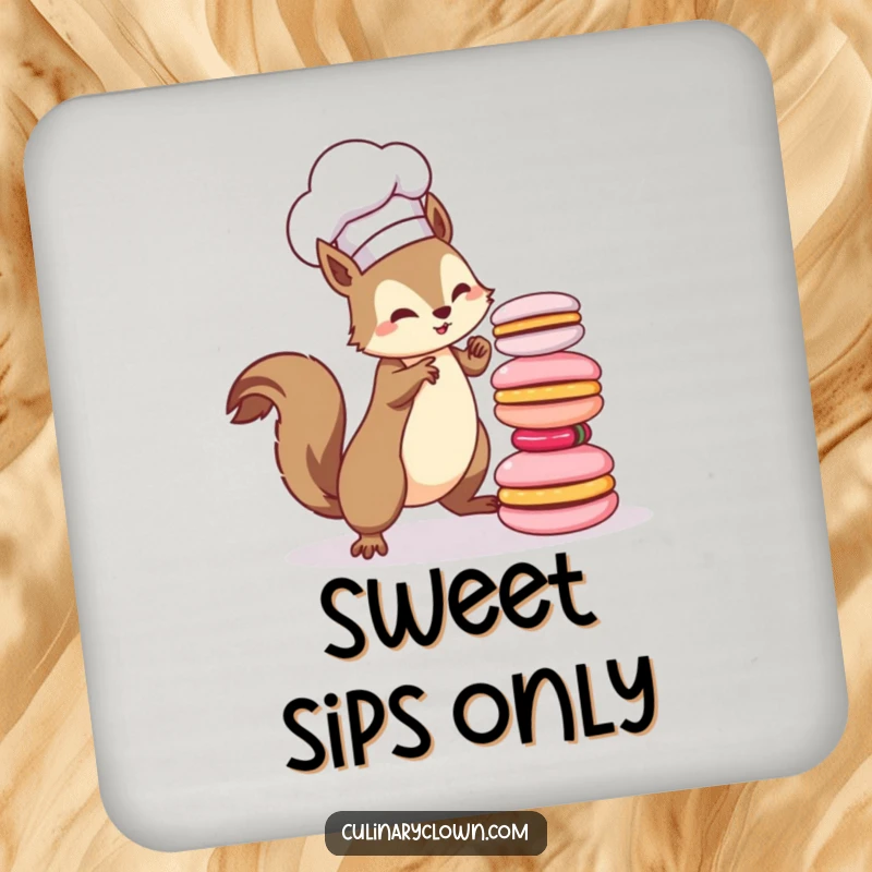 Funny kawaii squirrel chef balancing macarons, designed on a protective drink coaster.