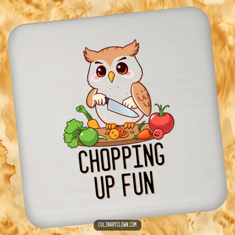 Funny drink coaster of a happy owl character precisely chopping vegetables, adding kitchen humor.