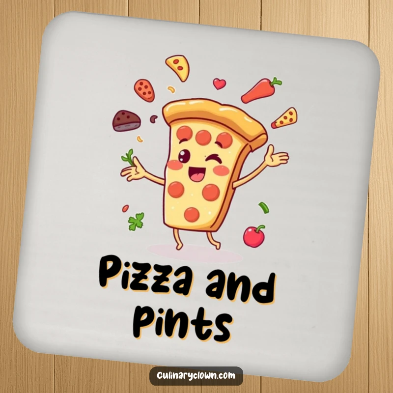 Funny Drink Coasters featuring a cheerful pizza slice character juggling ingredients, protecting surfaces with a cute pizza-themed design.