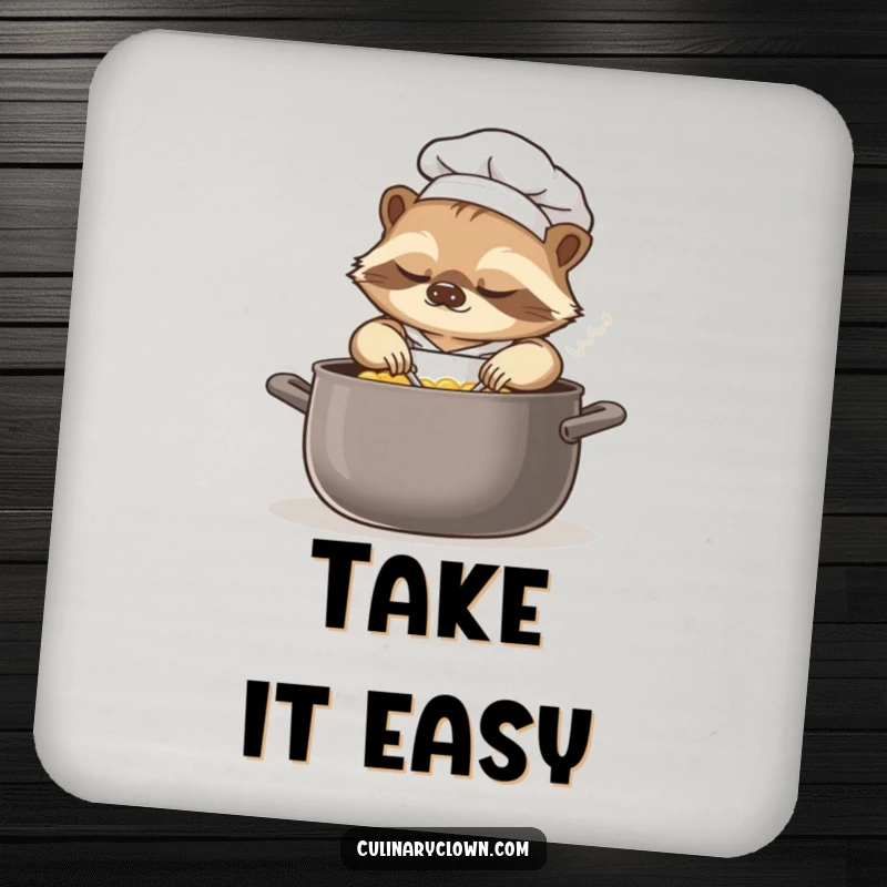 Funny sloth chef drink coaster featuring a sleepy sloth in a chef's hat, slowly stirring a large pot, offering stylish surface protection.