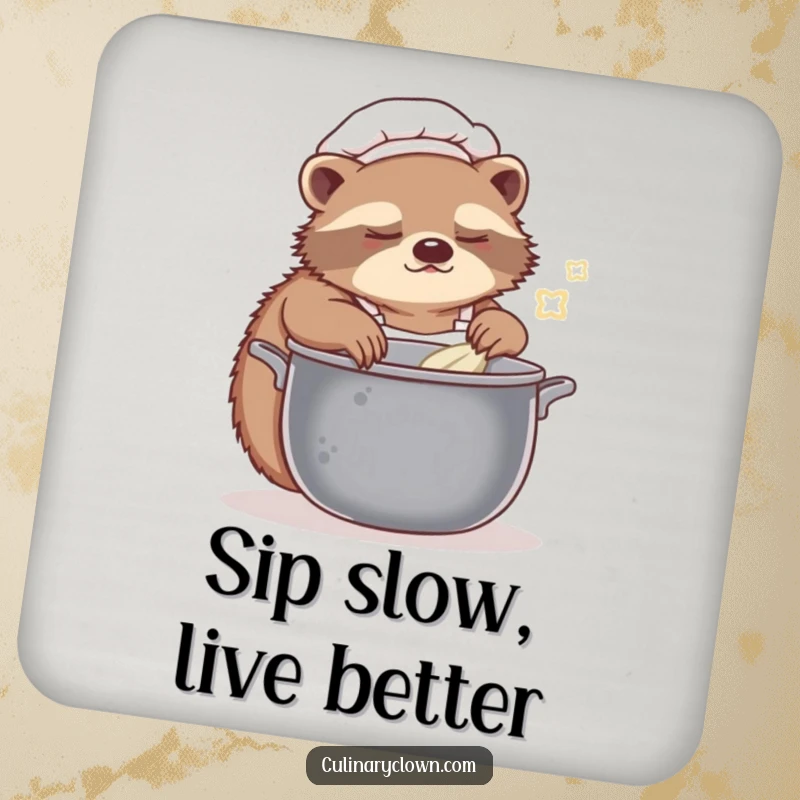 Funny sloth chef coaster with a sleepy character slowly stirring food, protecting surfaces with humor.