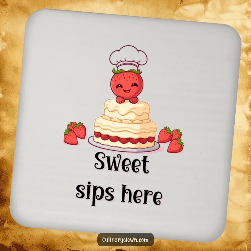 Funny Drink Coaster with a strawberry chef character frosting a cake, adding a sweet and humorous touch to drink service.