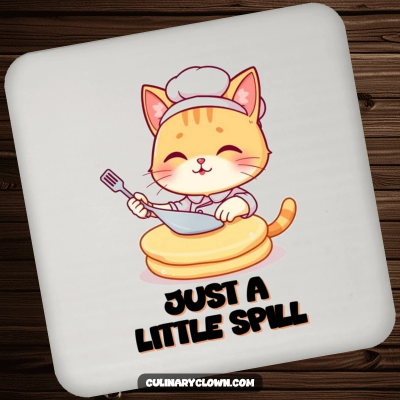 Funny kawaii cat chef in chef attire humorously failing to flip a giant pancake, printed on a protective drink coaster.