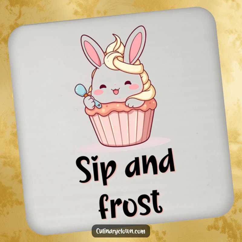 Funny kawaii bunny character frosting a cupcake on a drink coaster, protecting surfaces with sweetness.